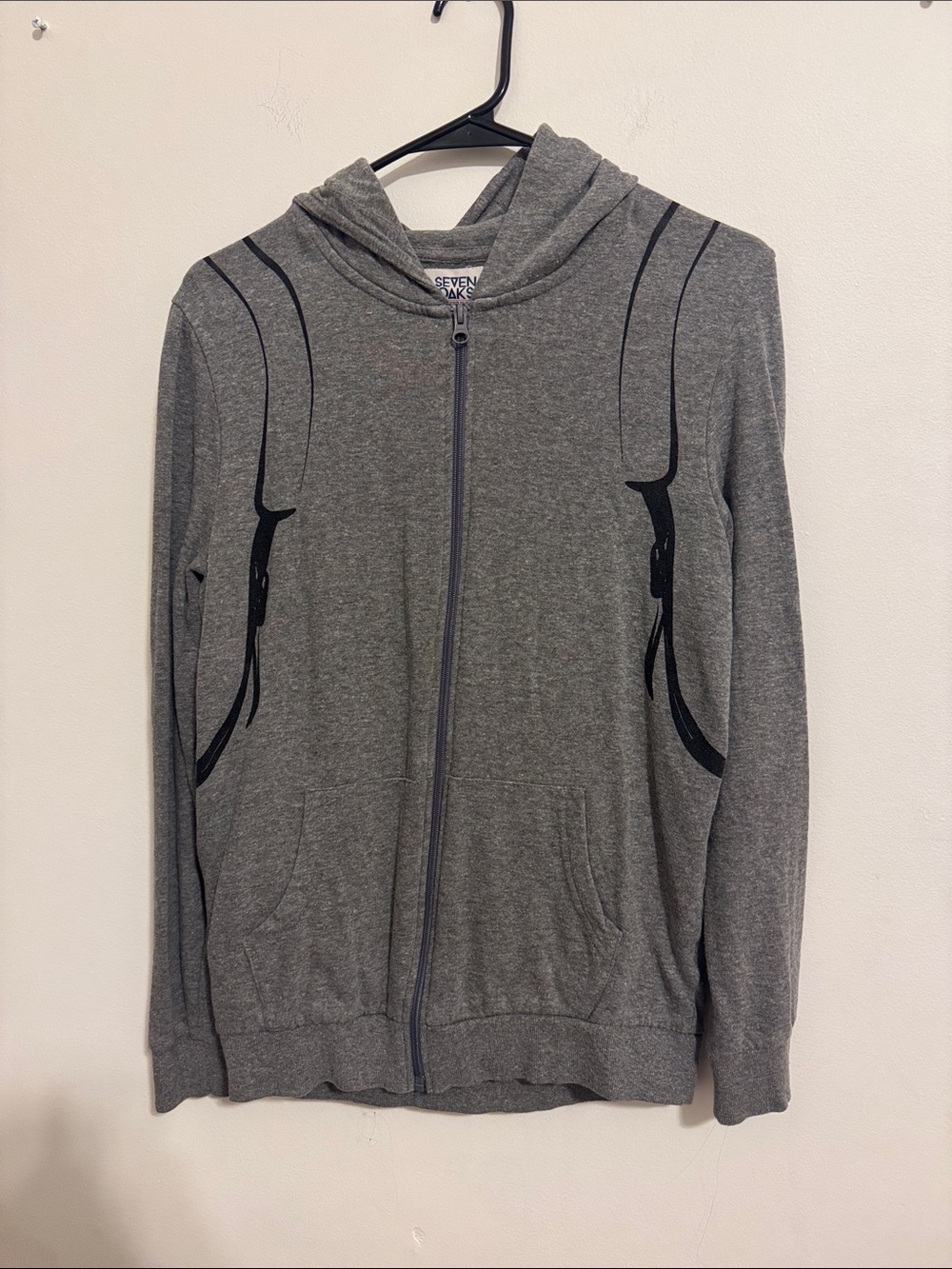 Seven7 Grey Zip Hoodie with Black Graphic Accents
